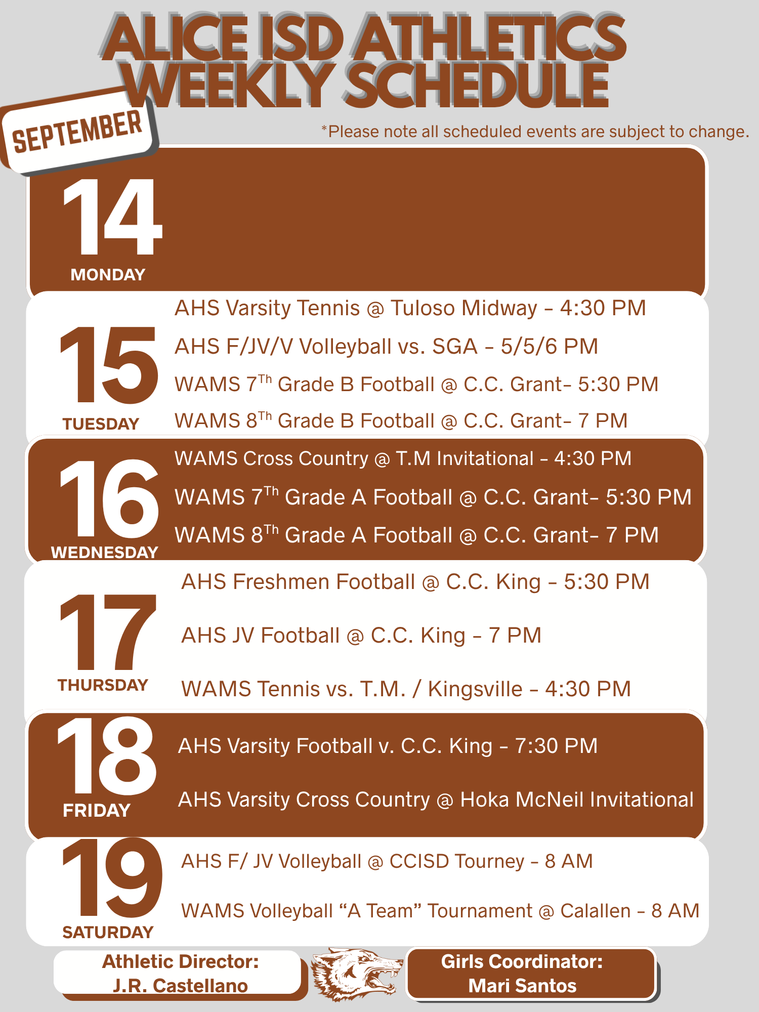 Alice ISD Athletics Schedule Sept. 14th - Sept. 19th